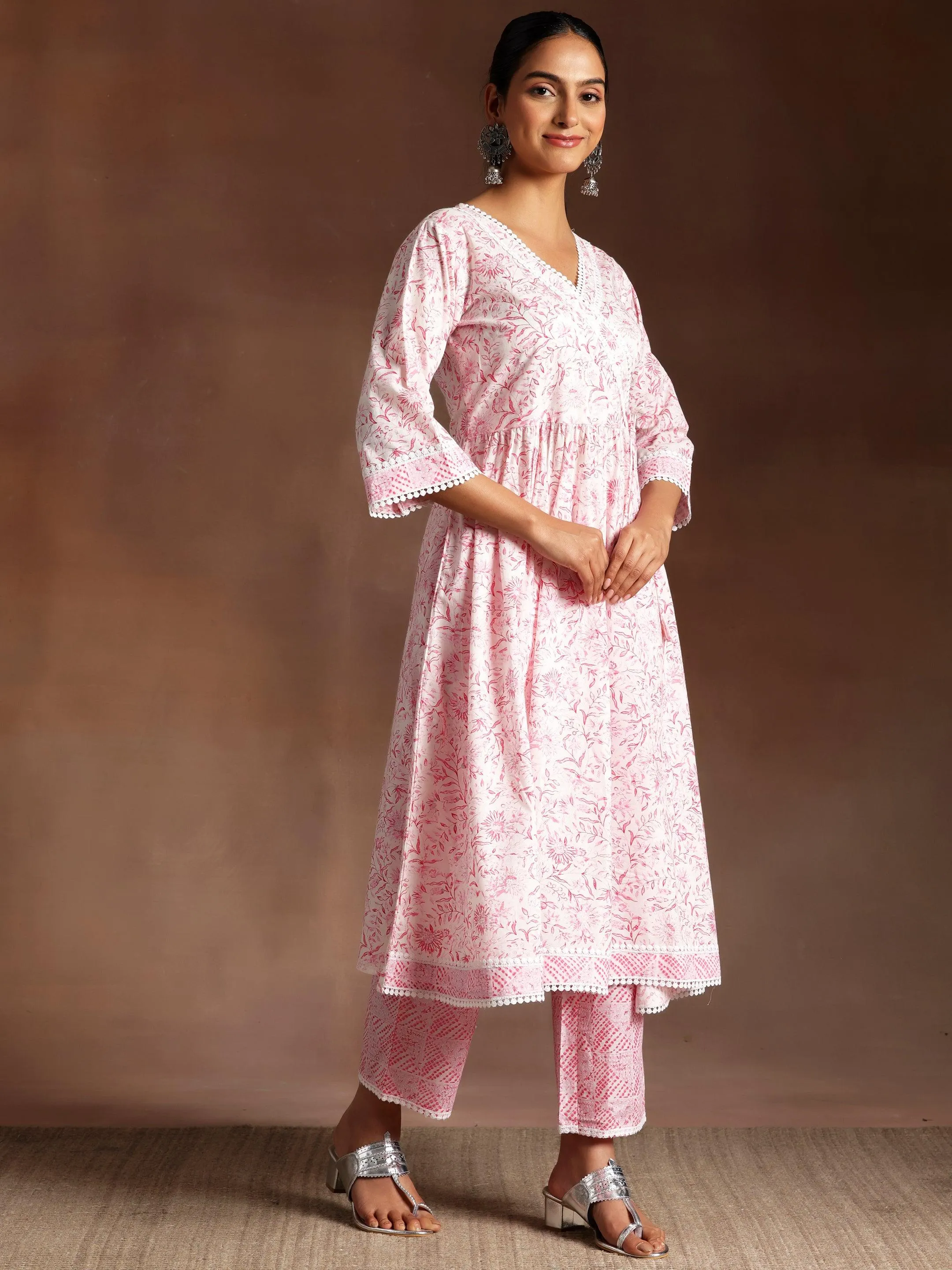 Tabassum Pink Printed Cotton A-Line Kurta With Palazzos & Dupatta