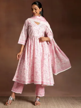 Tabassum Pink Printed Cotton A-Line Kurta With Palazzos & Dupatta