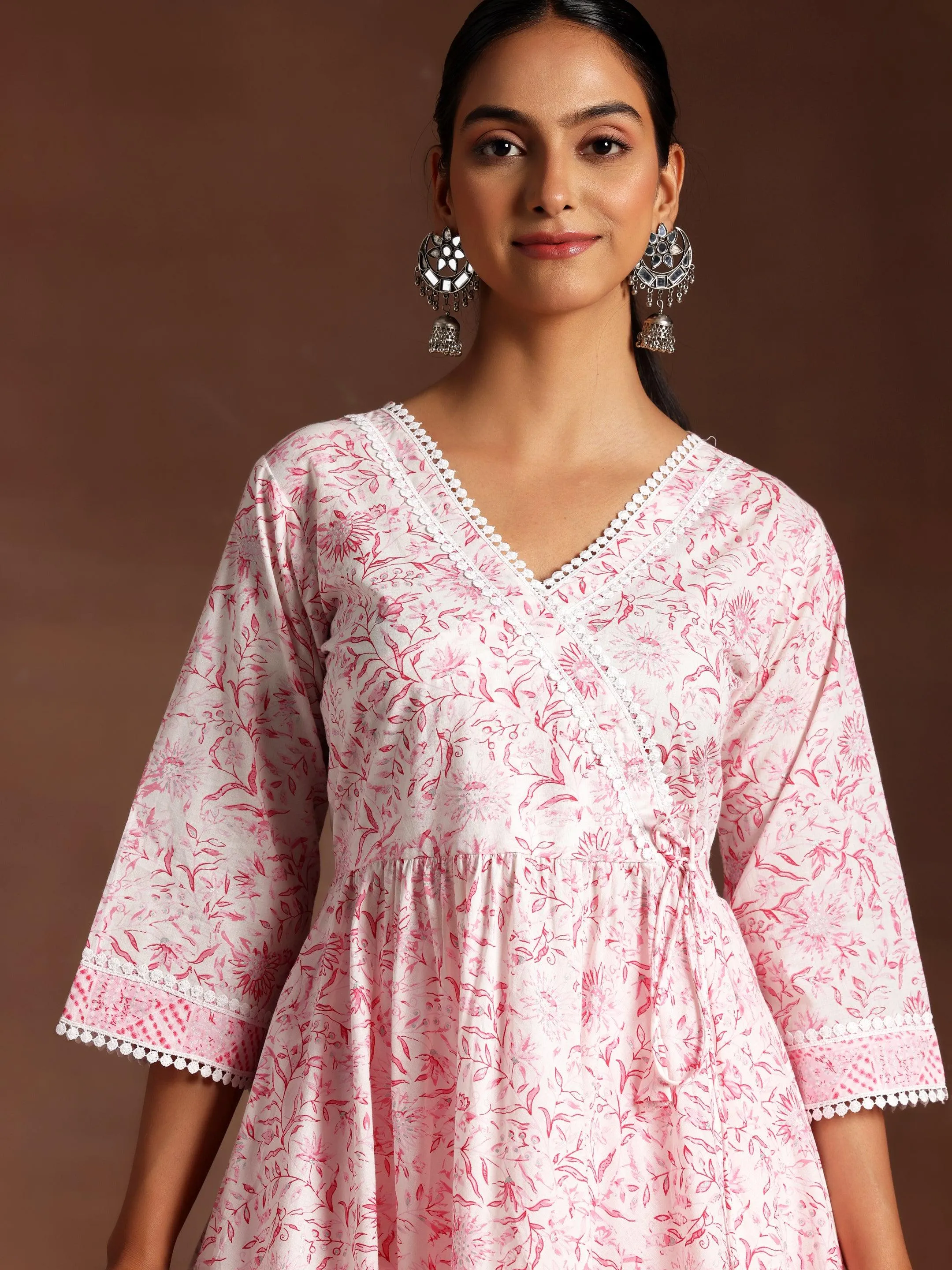 Tabassum Pink Printed Cotton A-Line Kurta With Palazzos & Dupatta