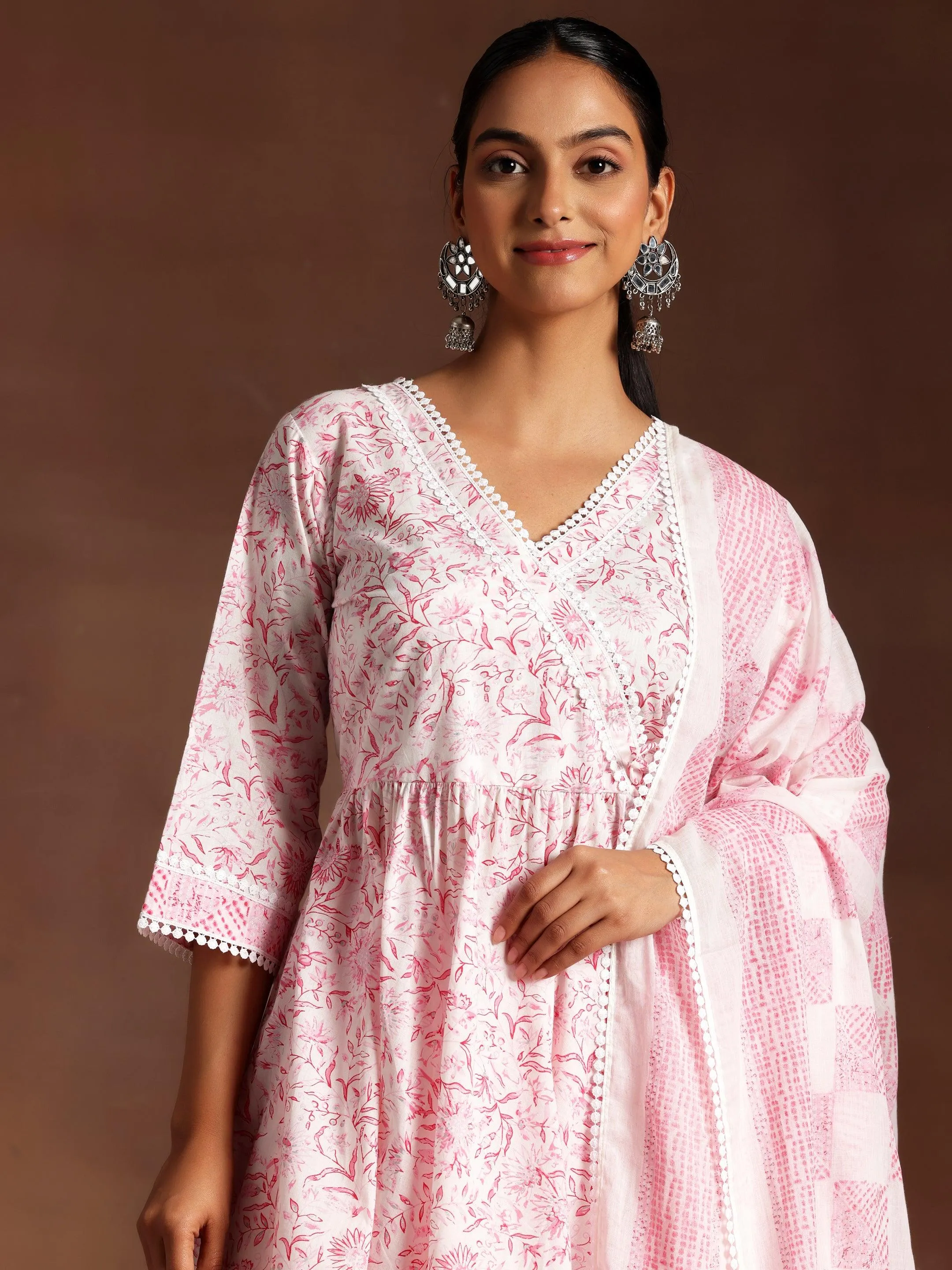 Tabassum Pink Printed Cotton A-Line Kurta With Palazzos & Dupatta