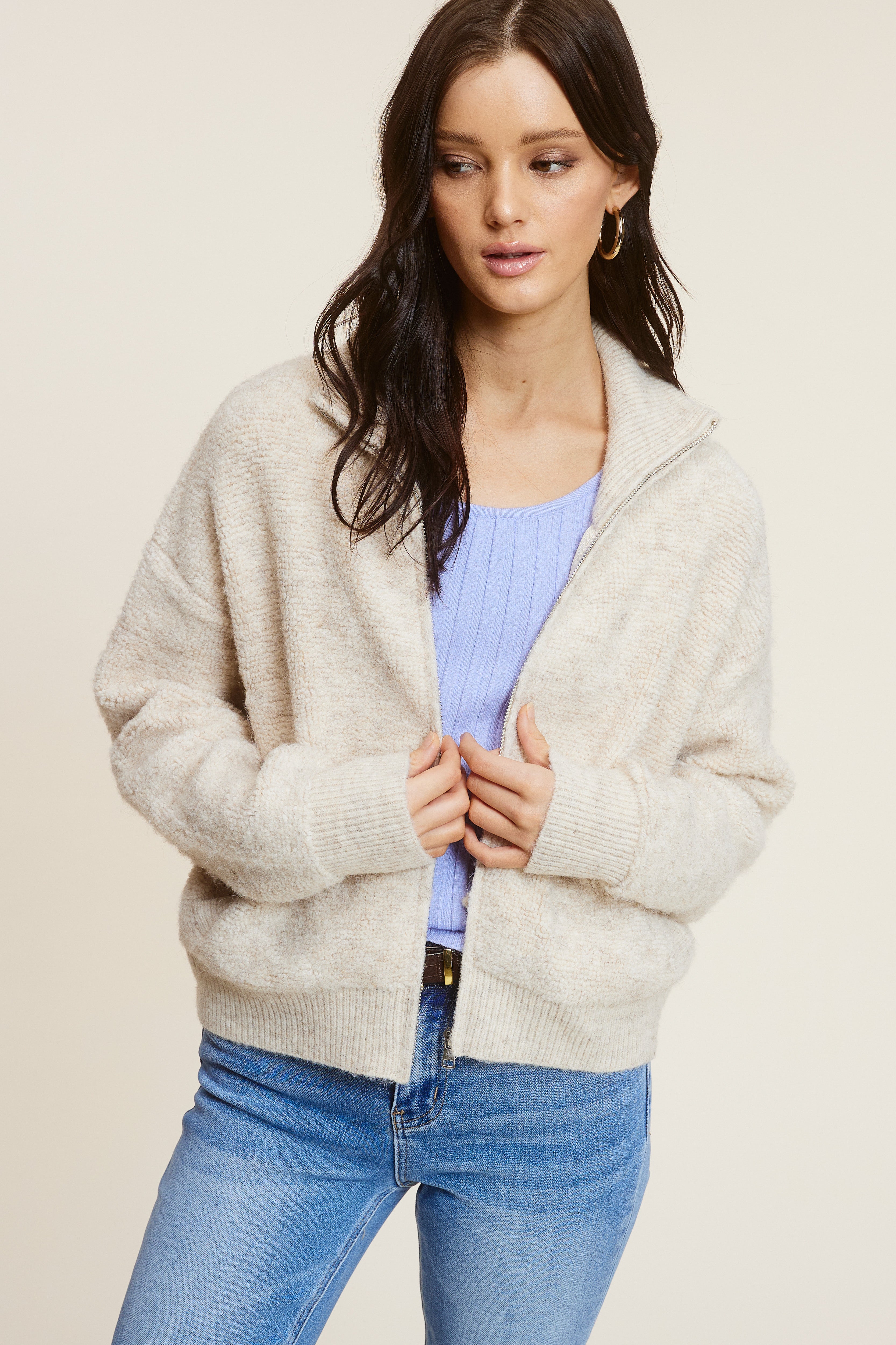 Taupe Knit Zip-Up