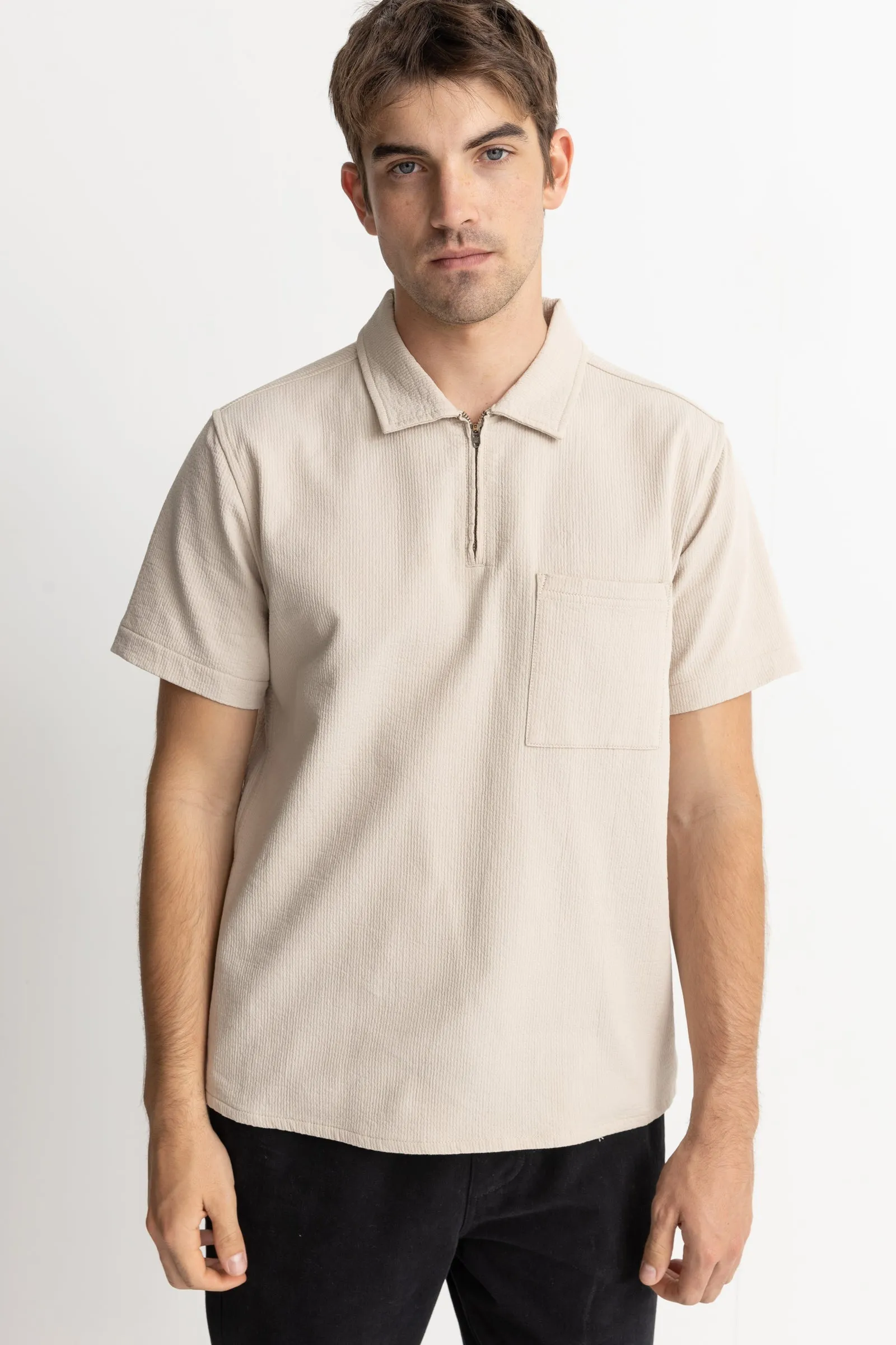 Textured Quarter Zip Ss Shirt Sand