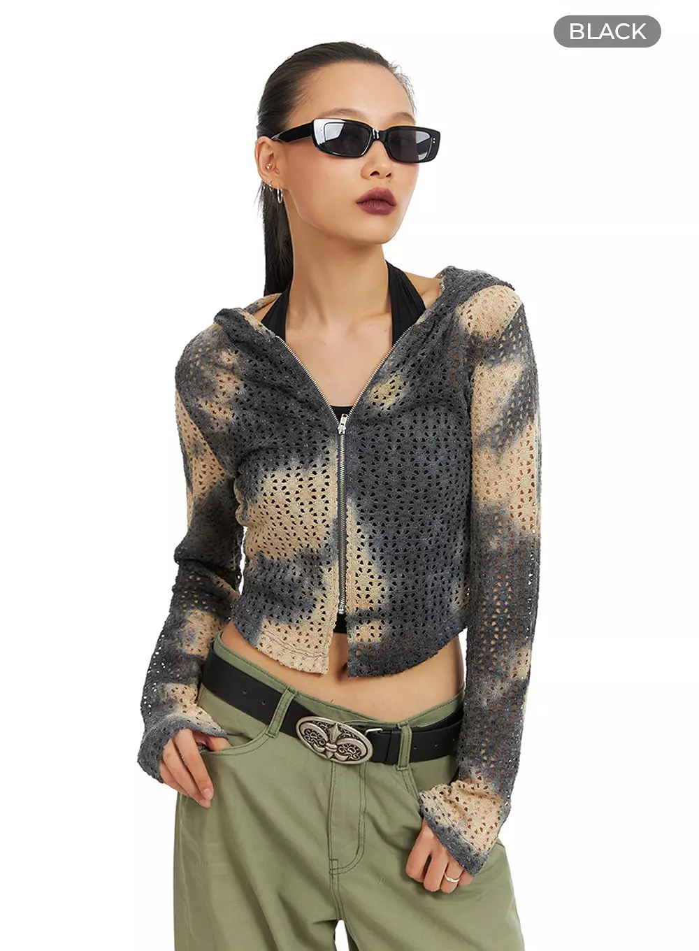 Tie-Dye Mesh Zip-Up Crop Top IA417