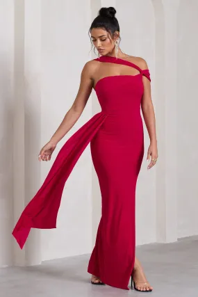 To The Max | Red Strappy Asymmetric Split Maxi Dress With Drape