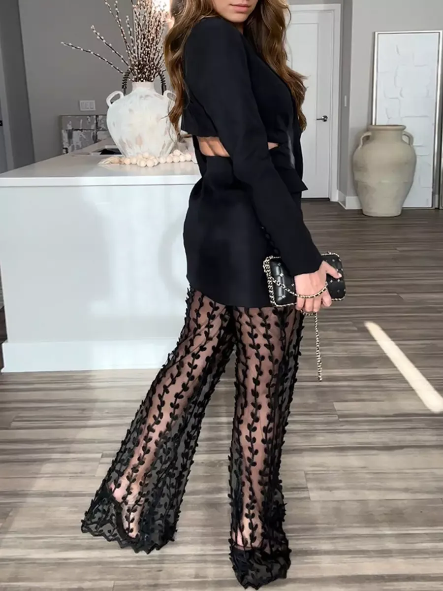 Two Piece Set For Women Black Cut Out Blazer And Leaf Pattern Sheer Pants Spring Casual Outfit 2025