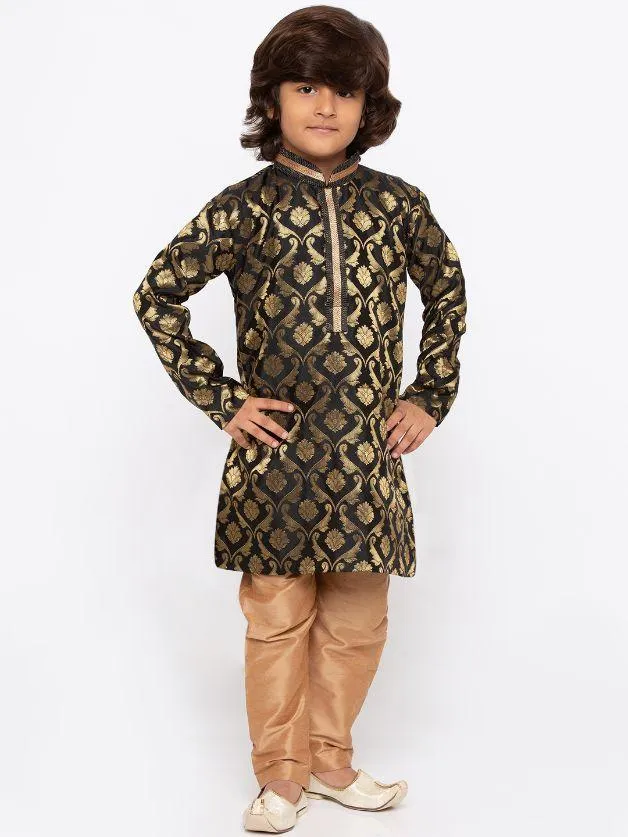 VASTRAMAY Boys' Black Cotton Silk Kurta and Pyjama Set