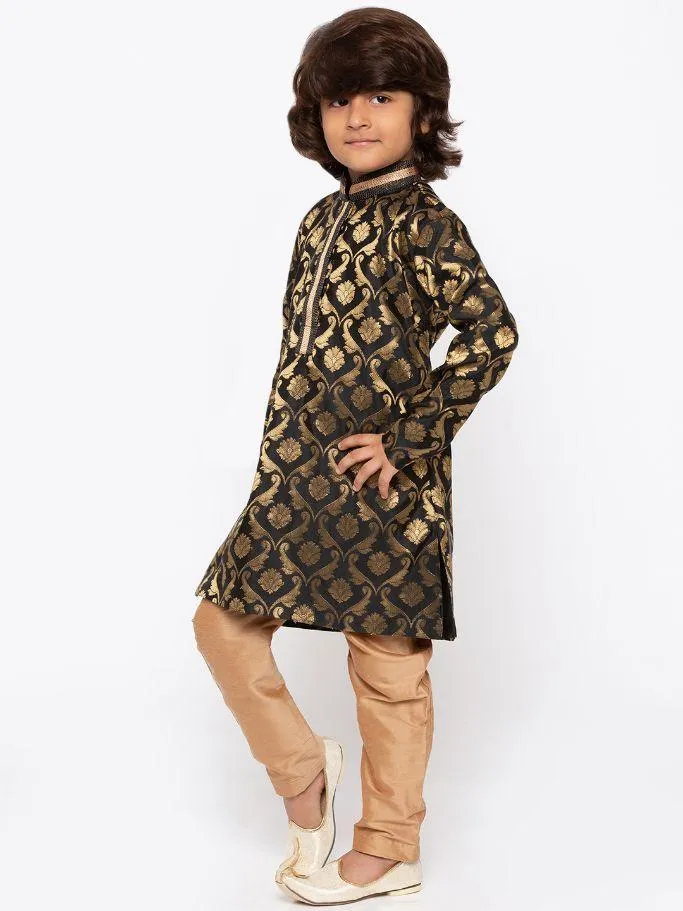 VASTRAMAY Boys' Black Cotton Silk Kurta and Pyjama Set