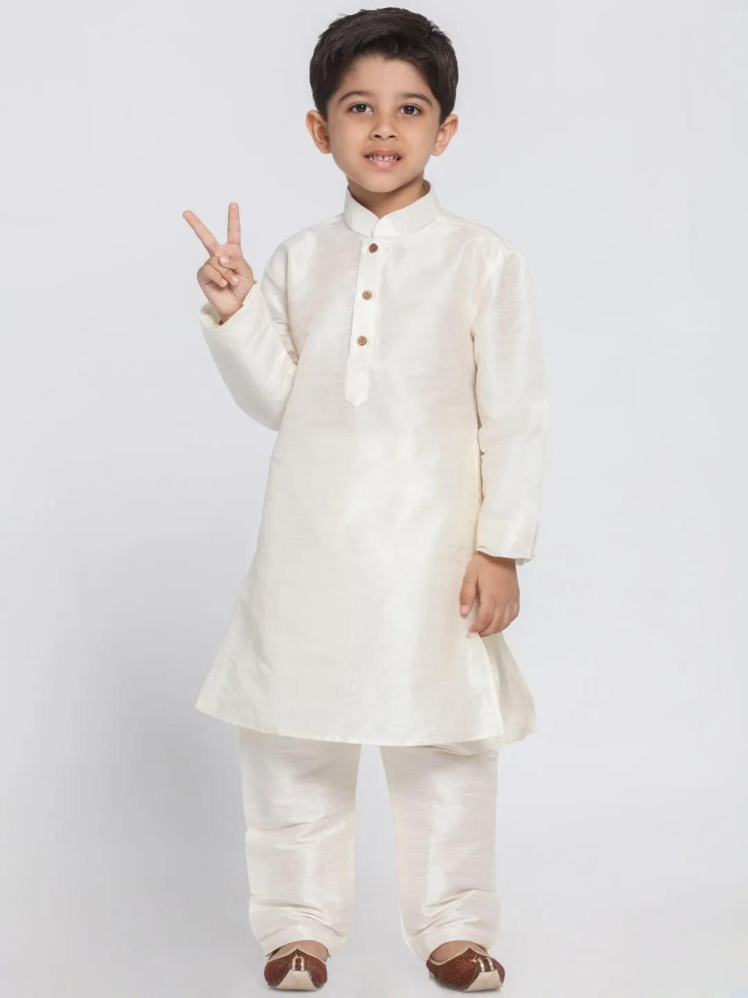 VASTRAMAY Boys' Cream Cotton Silk Blend Kurta and Pyjama Set