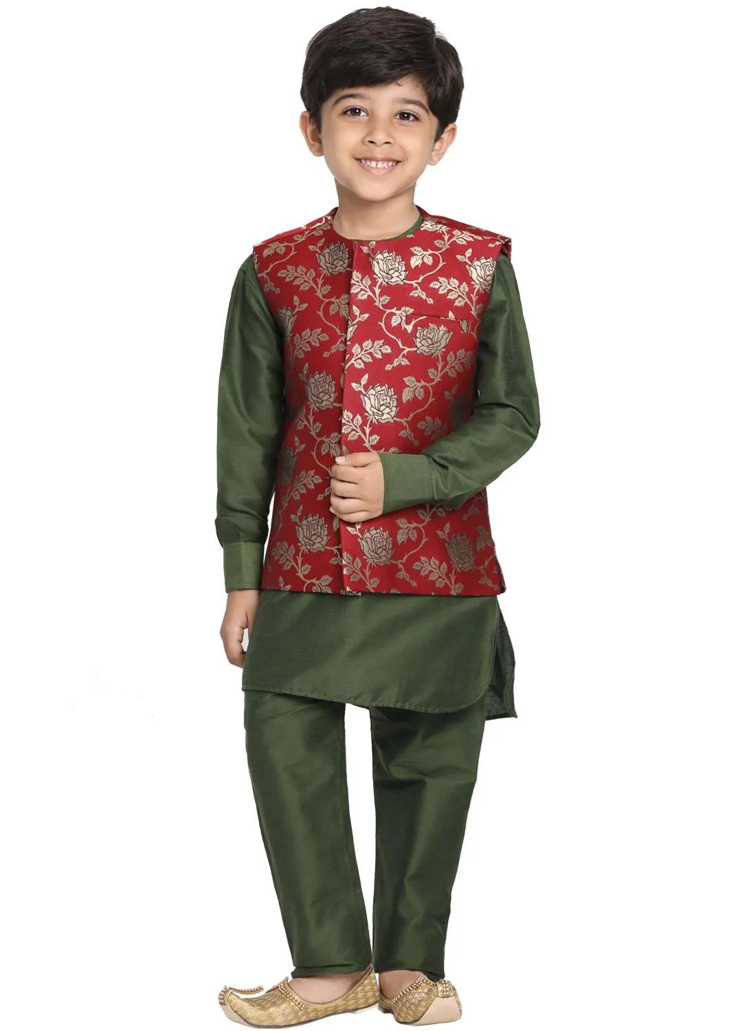 Vastramay Boys' Dark Green Cotton Silk Blend Kurta, Nehru Jacket and Pyjama Set