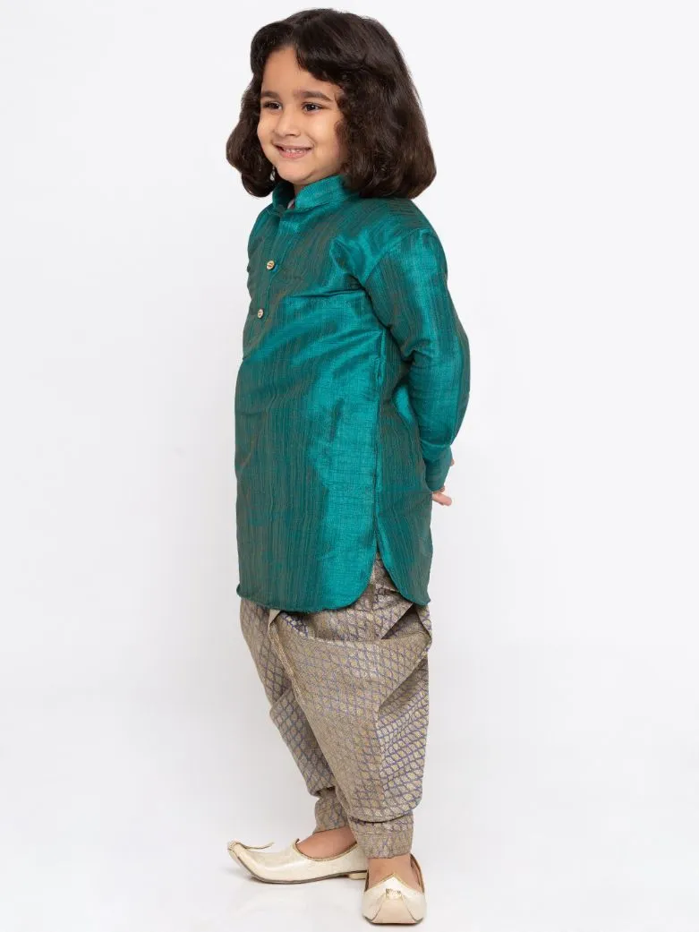 VASTRAMAY Boys' Teal Cotton Silk Kurta and Dhoti Pant Set