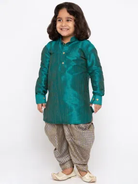 VASTRAMAY Boys' Teal Cotton Silk Kurta and Dhoti Pant Set