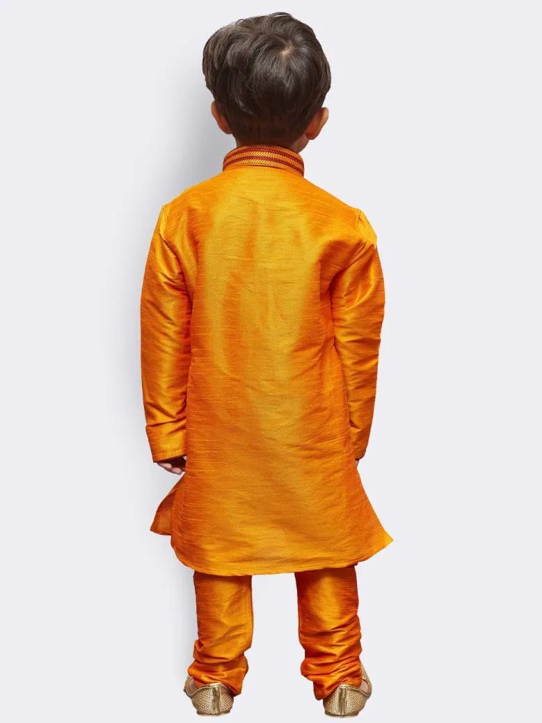 VASTRAMAY Boys' Yellow Cotton Silk Kurta and Pyjama Set