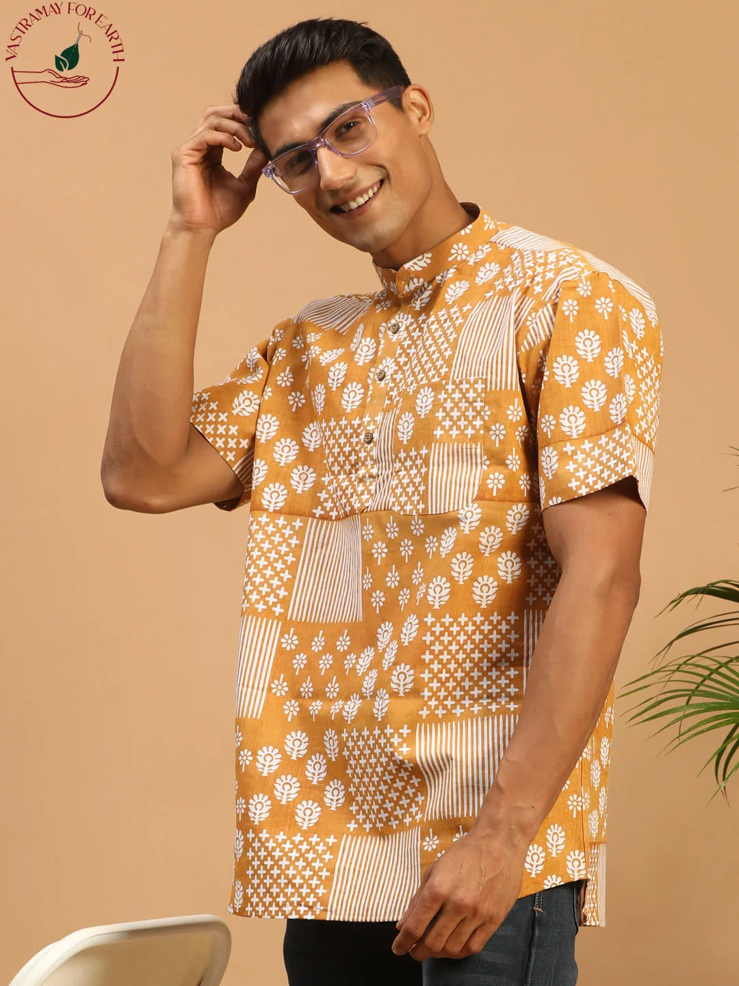 Vastramay Men's Mustard Printed Pure Cotton Short Kurta