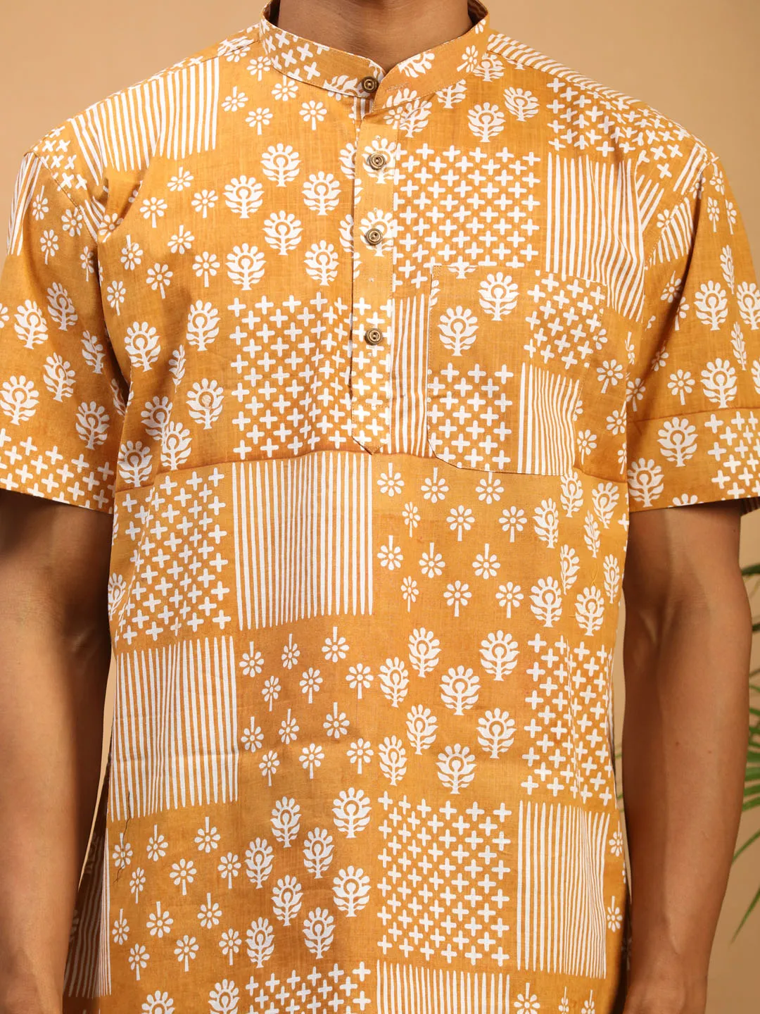 Vastramay Men's Mustard Printed Pure Cotton Short Kurta