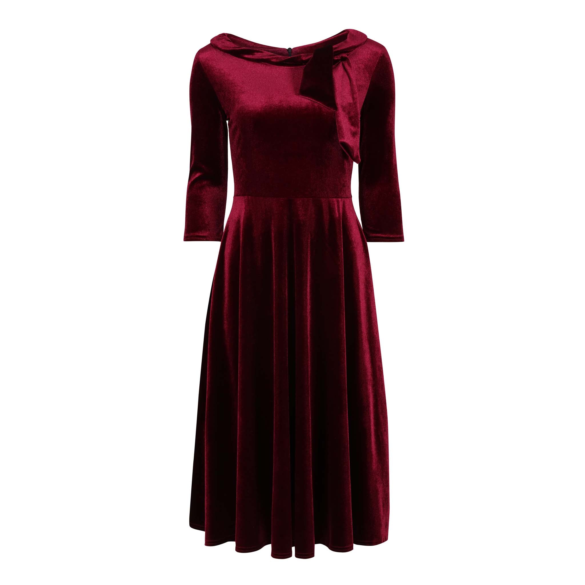 Velour Claret Red Tie 1/2 Sleeve Vintage Swing Dress