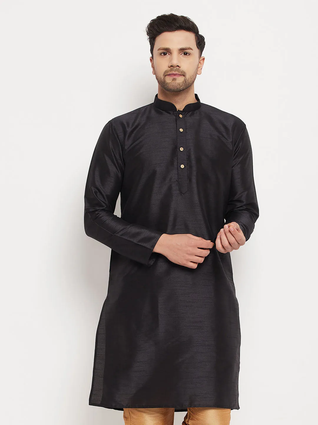 VM BY VASTRAMAY Men's Black Cotton Silk Blend Kurta