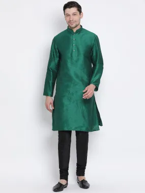 VM BY VASTRAMAY Men's Green Cotton Silk Blend Kurta and Pyjama Set