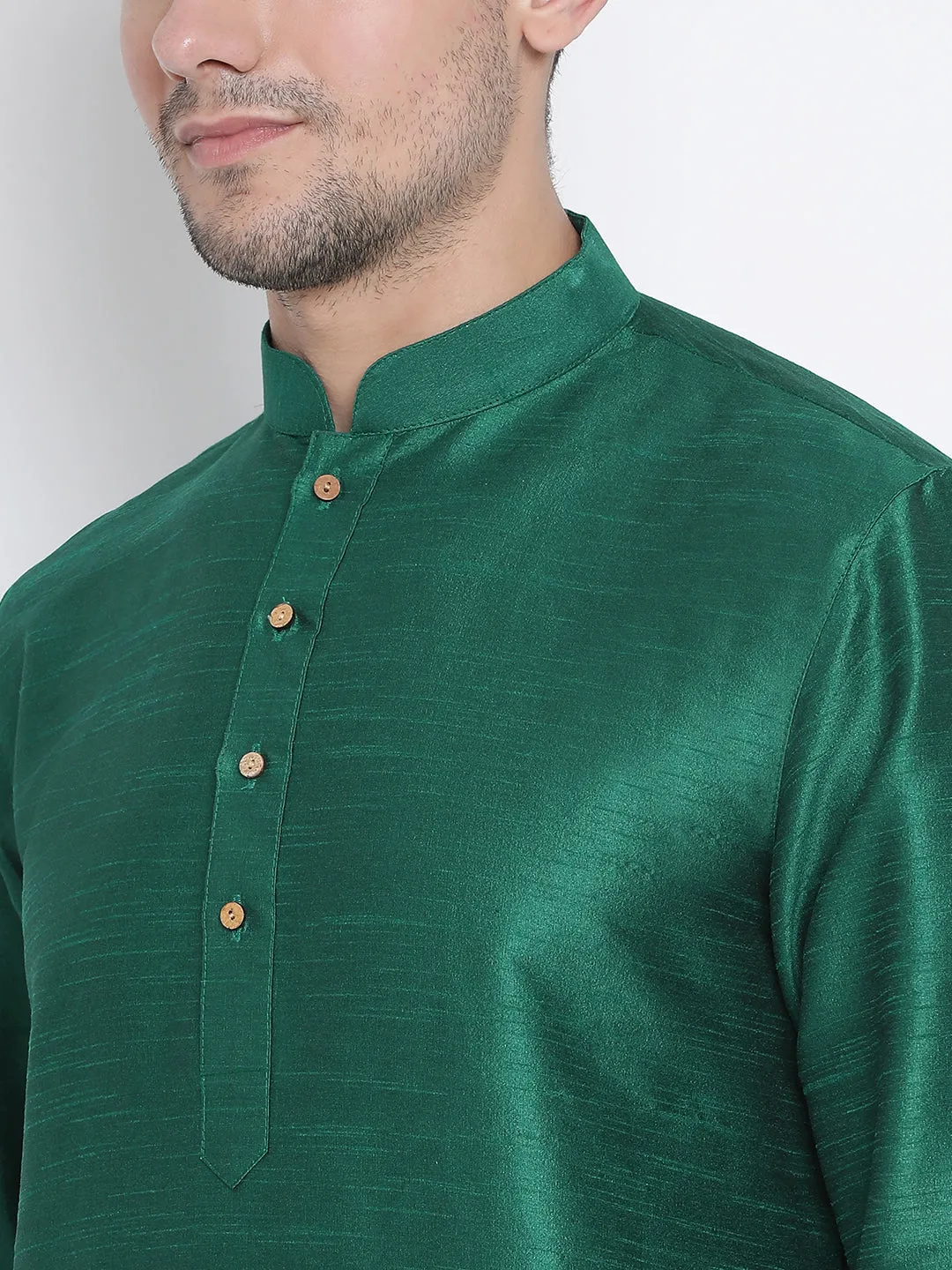 VM BY VASTRAMAY Men's Green Cotton Silk Blend Kurta and Pyjama Set