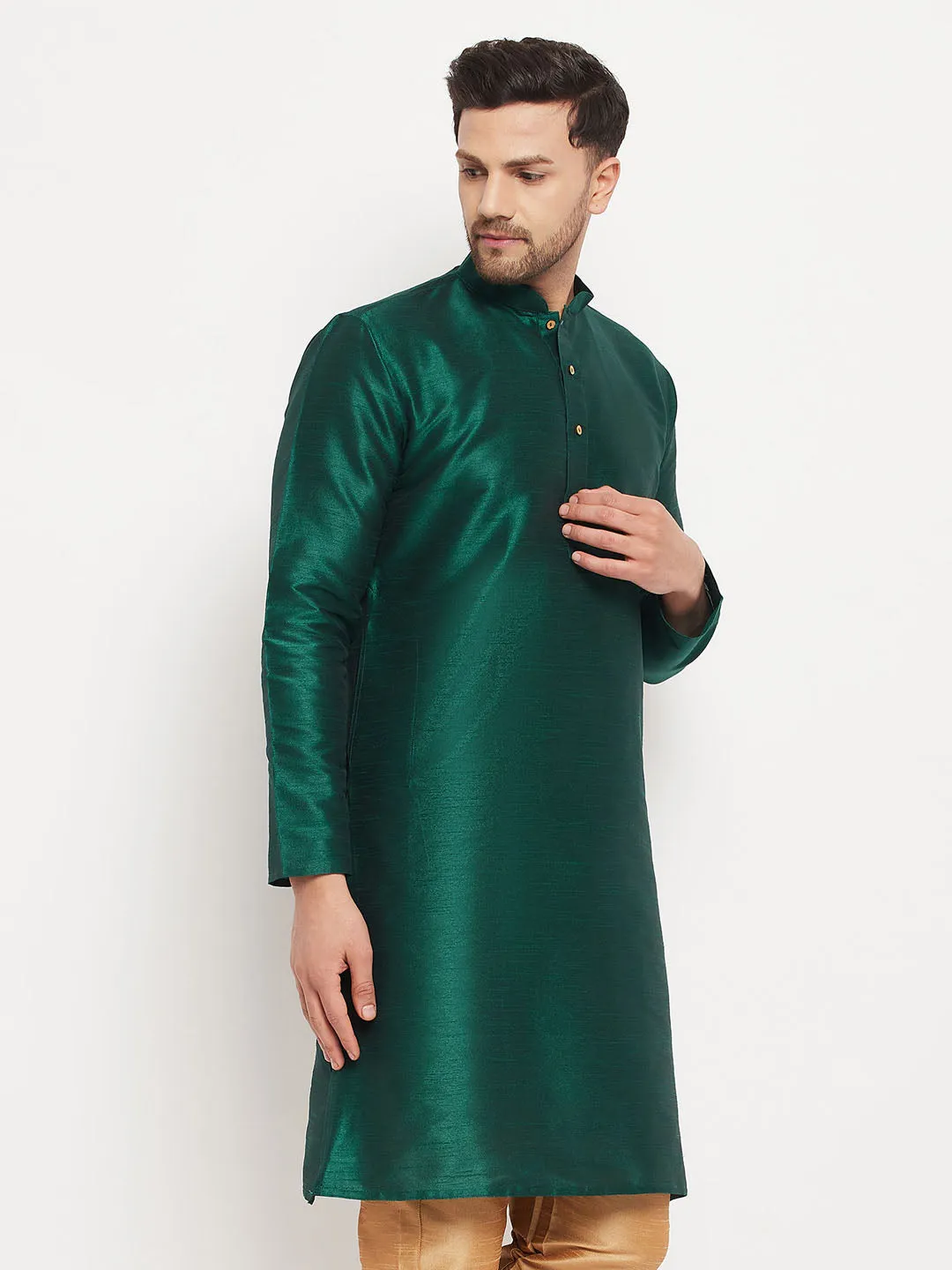 VM BY VASTRAMAY Men's Green Cotton Silk Blend Kurta