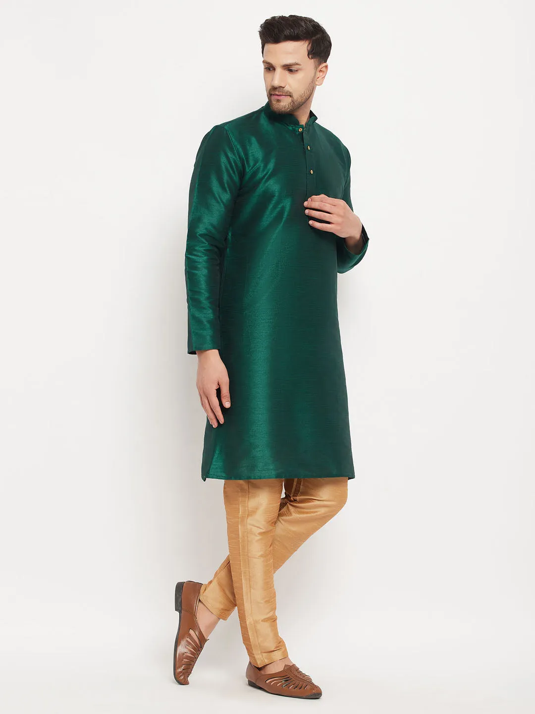 VM BY VASTRAMAY Men's Green Cotton Silk Blend Kurta