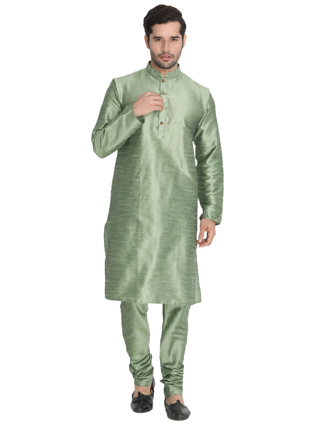 VM BY VASTRAMAY Men's Light Green Cotton Silk Blend Kurta and Pyjama Set