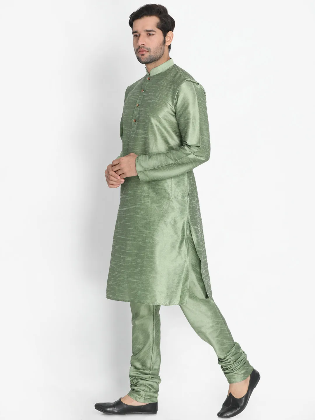 VM BY VASTRAMAY Men's Light Green Cotton Silk Blend Kurta and Pyjama Set