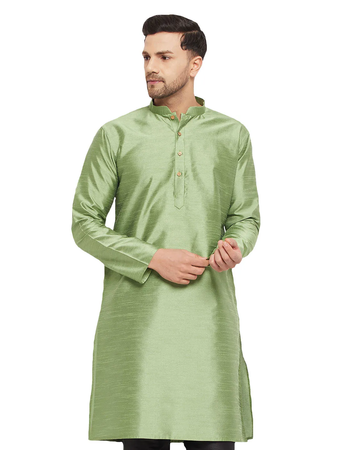 VM BY VASTRAMAY Men's Light Green Cotton Silk Blend Kurta