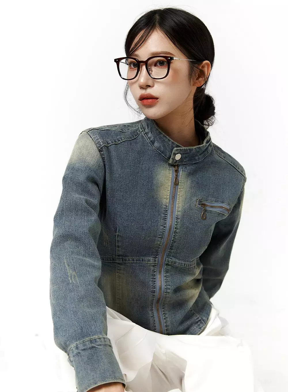 Washed Zip-Up Denim Biker Jacket CJ431