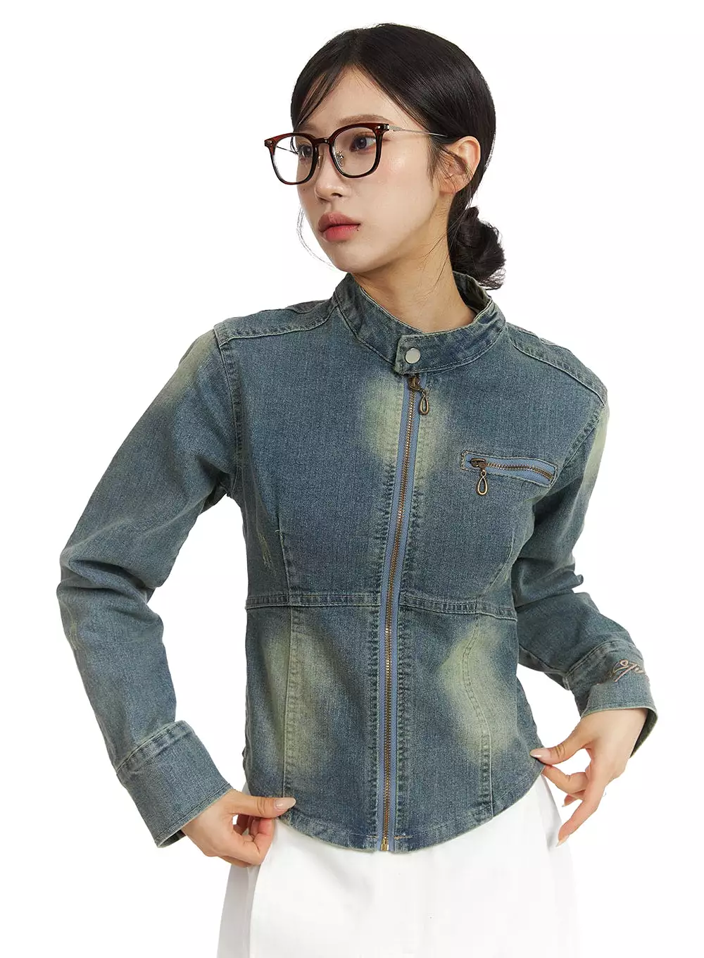 Washed Zip-Up Denim Biker Jacket CJ431