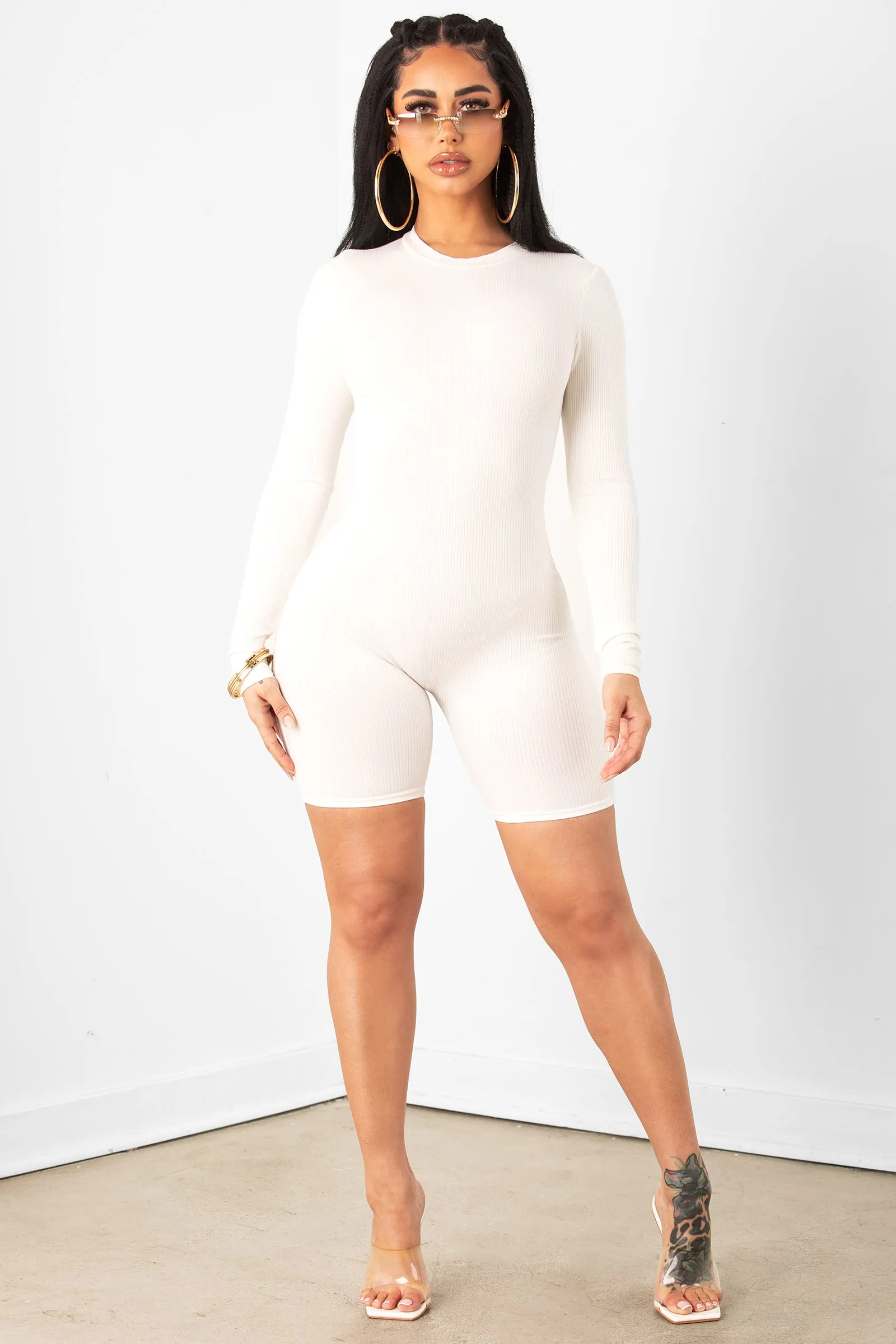 White Long Sleeve Zip Up Unitard