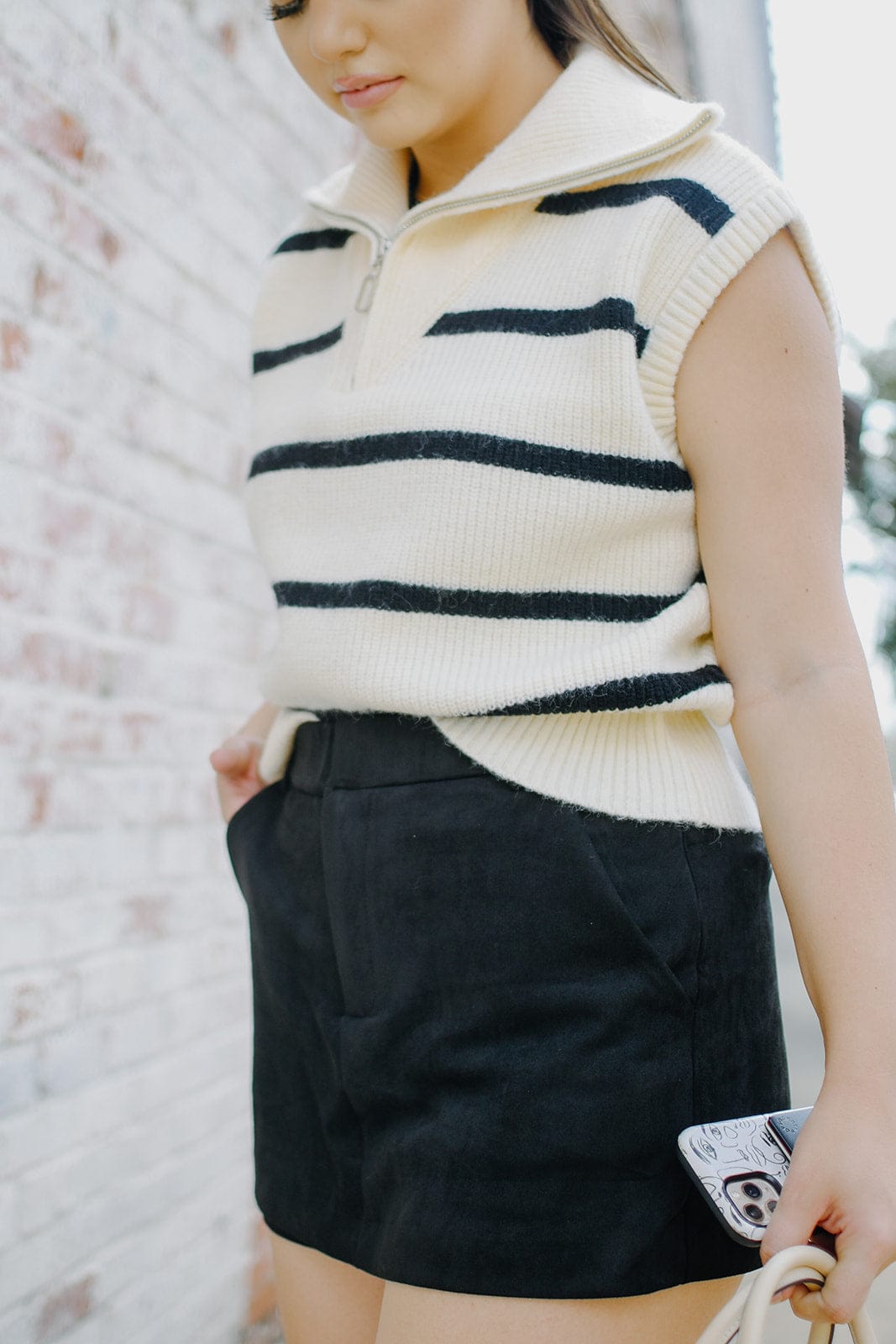 White Striped Quarter Zip Vest