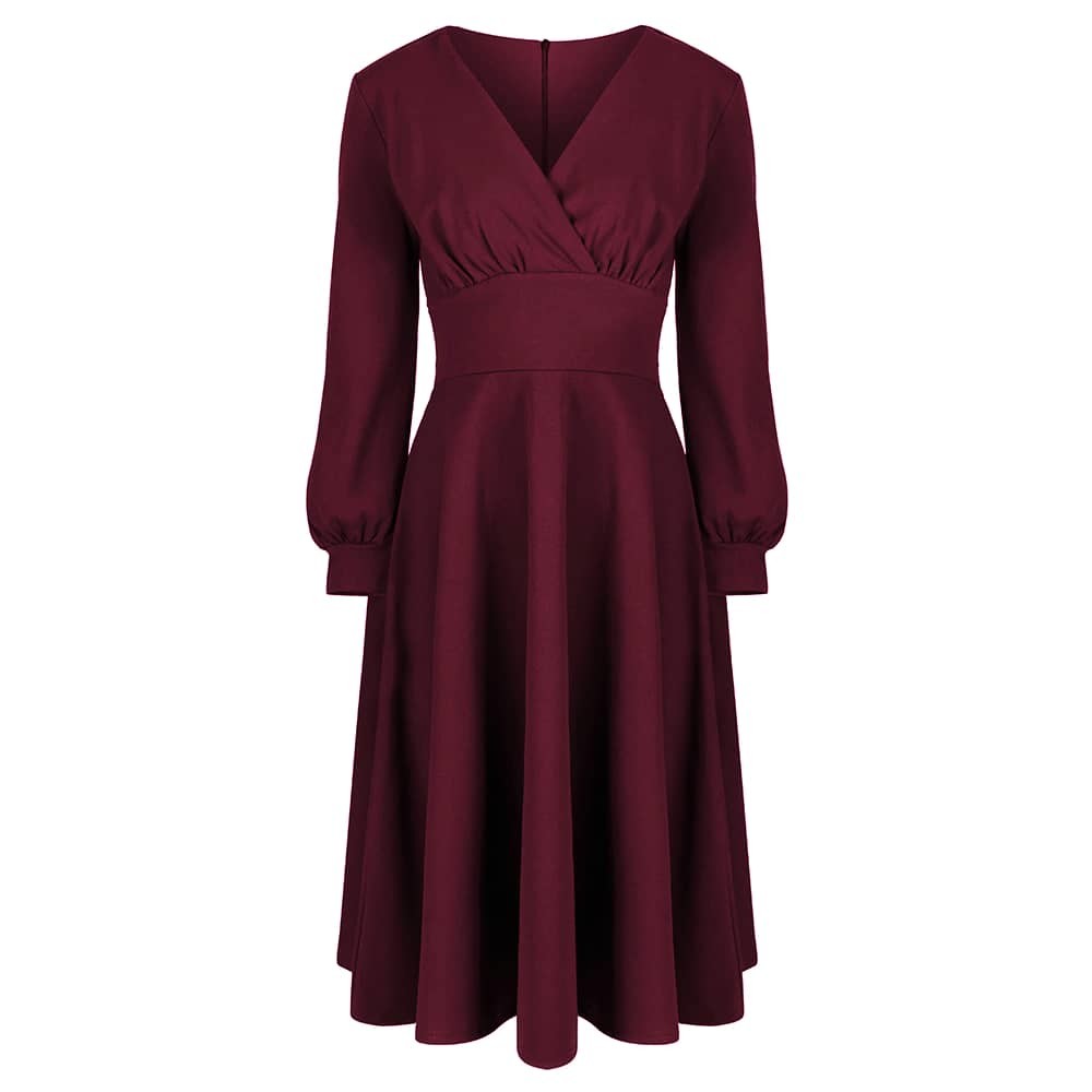 Wine Red Long Sleeve A Line Vintage Crossover Tea Swing Dress