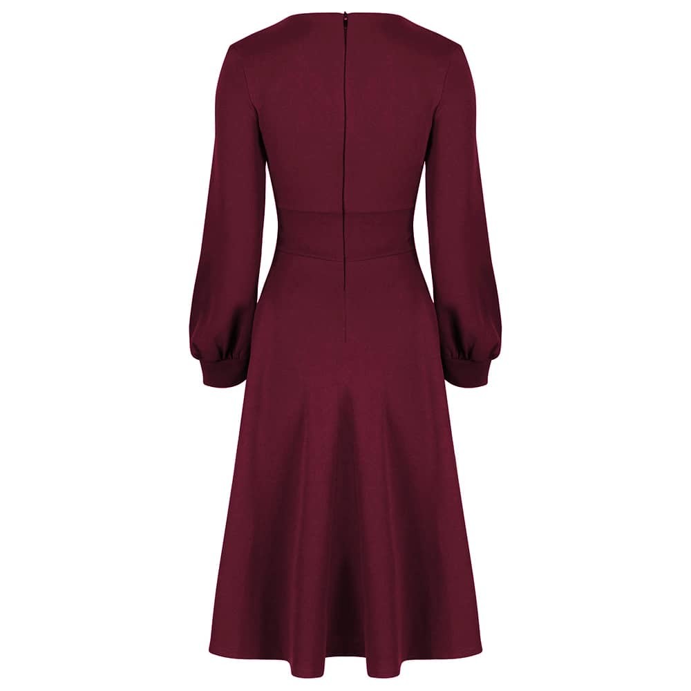 Wine Red Long Sleeve A Line Vintage Crossover Tea Swing Dress