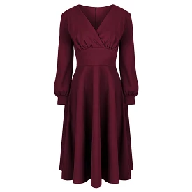 Wine Red Long Sleeve A Line Vintage Crossover Tea Swing Dress