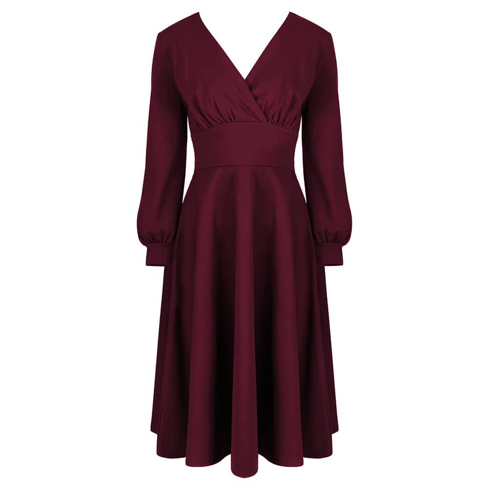 Wine Red Long Sleeve A Line Vintage Crossover Tea Swing Dress