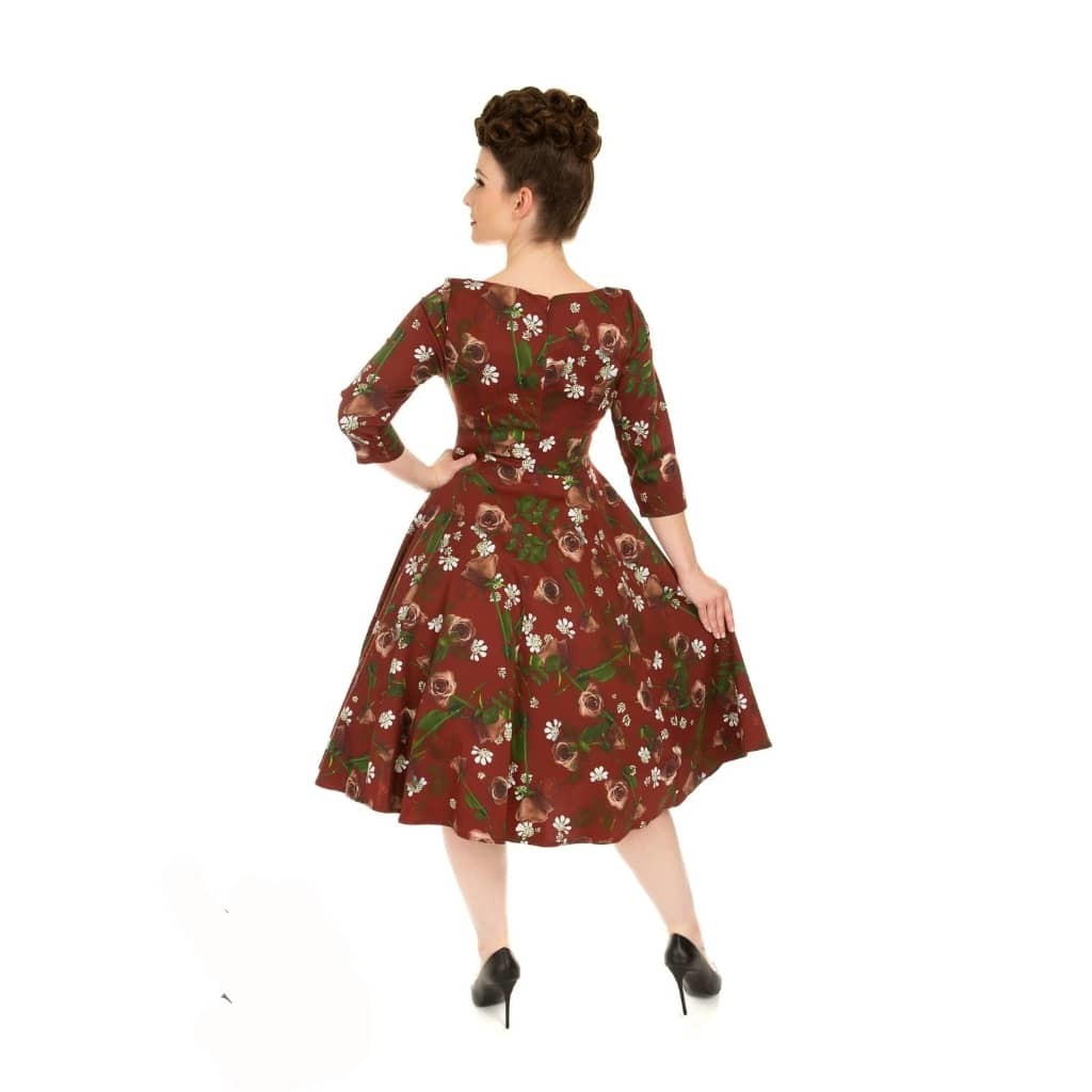 Wine Red Maroon Autumn Rose Print 3/4 Sleeve Retro Chic Dress