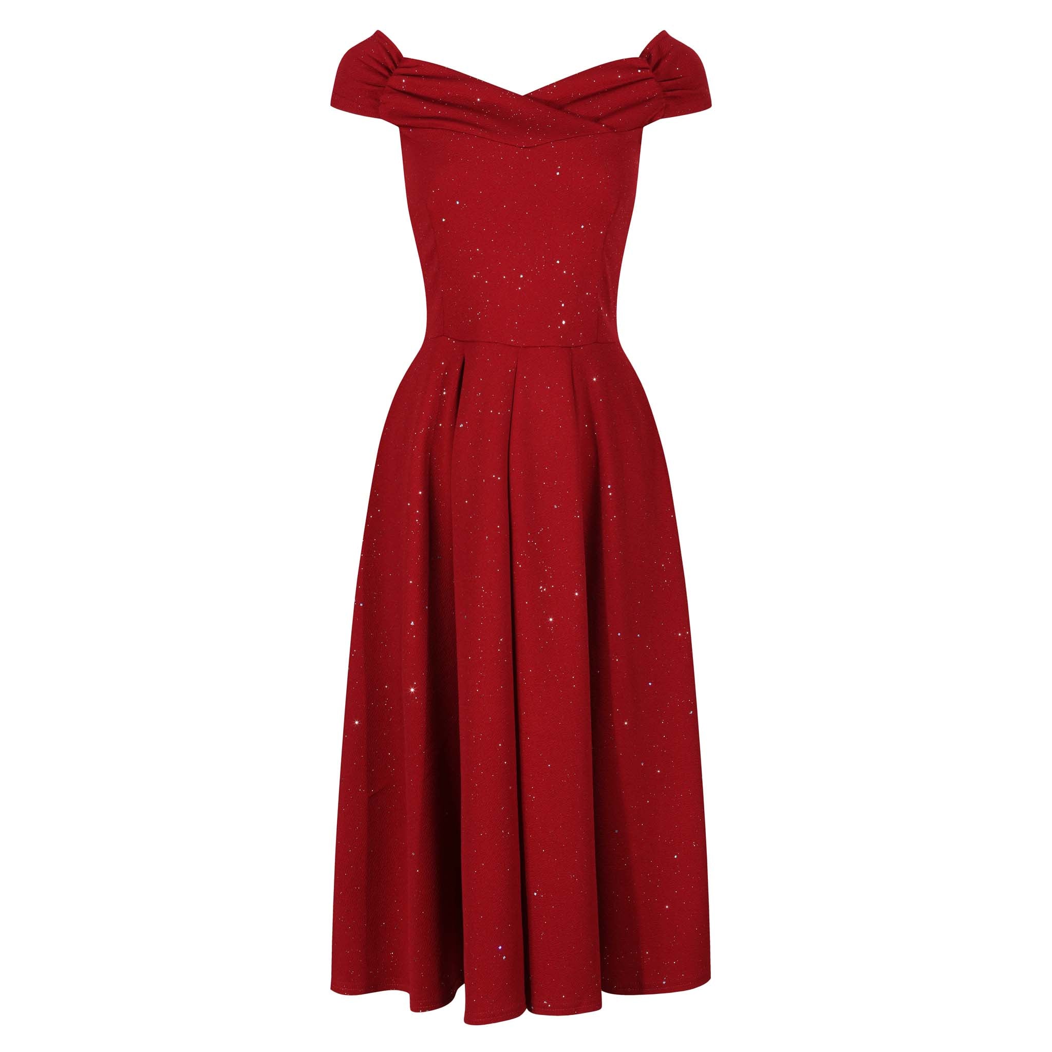 Wine Red Sparkly Glitter Crossover Bust Bardot Style 50s Swing Dress