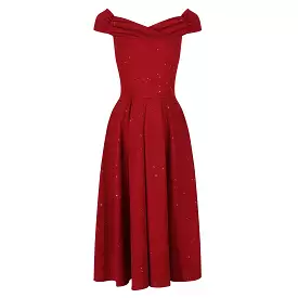 Wine Red Sparkly Glitter Crossover Bust Bardot Style 50s Swing Dress