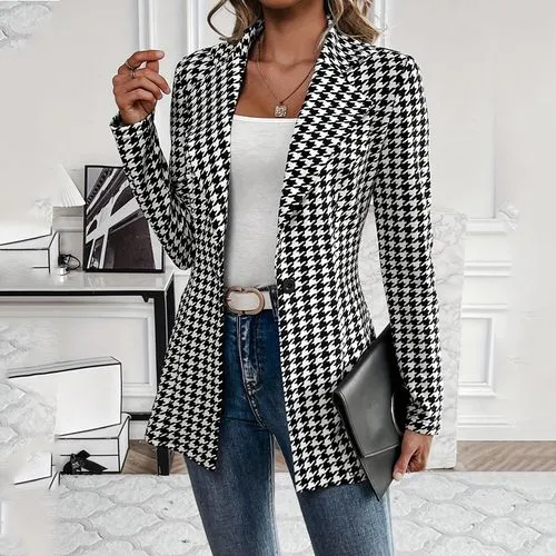 Women's Casual Elegant Formal Houndstooth Button Single Breasted Blazer Blazer