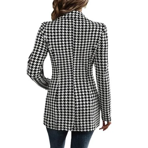 Women's Casual Elegant Formal Houndstooth Button Single Breasted Blazer Blazer