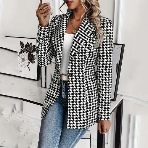 Women's Casual Elegant Formal Houndstooth Button Single Breasted Blazer Blazer