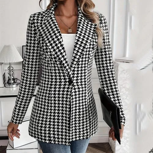 Women's Casual Elegant Formal Houndstooth Button Single Breasted Blazer Blazer