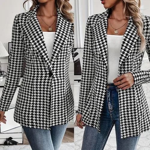 Women's Casual Elegant Formal Houndstooth Button Single Breasted Blazer Blazer