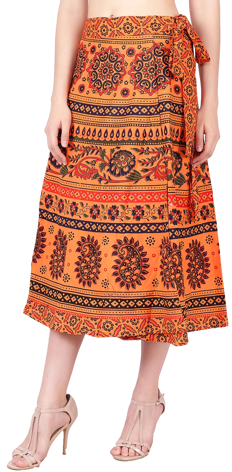 Wrap Around Indian Skirt Cotton Printed Women's India Clothes (Orange, One Size)