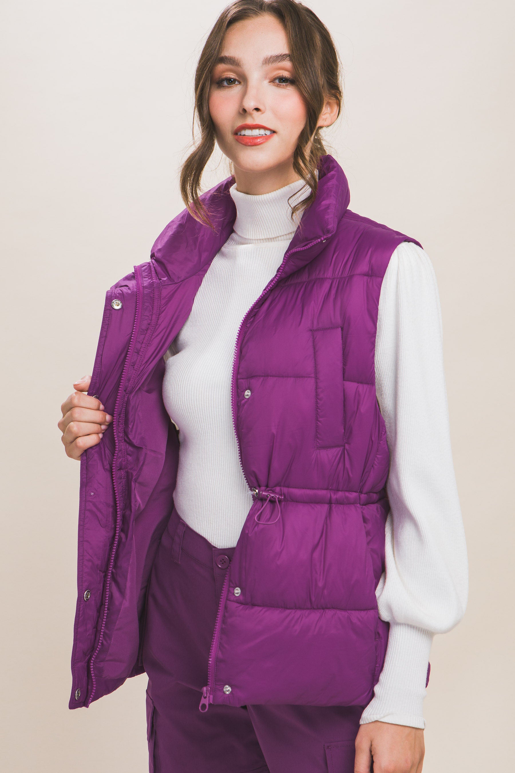 Zip Up Button Puffer Vest With Waist Toggles