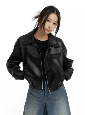 Zip-Up Faux Leather Bomber Jacket CF429