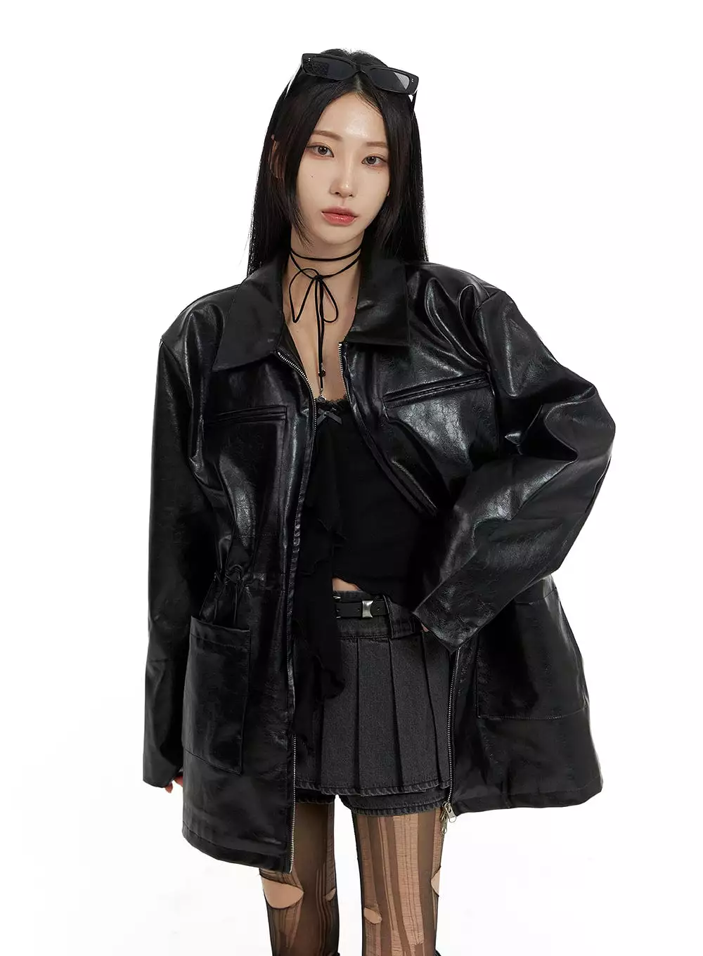 Zip-Up Faux Leather Midi Coat CF429