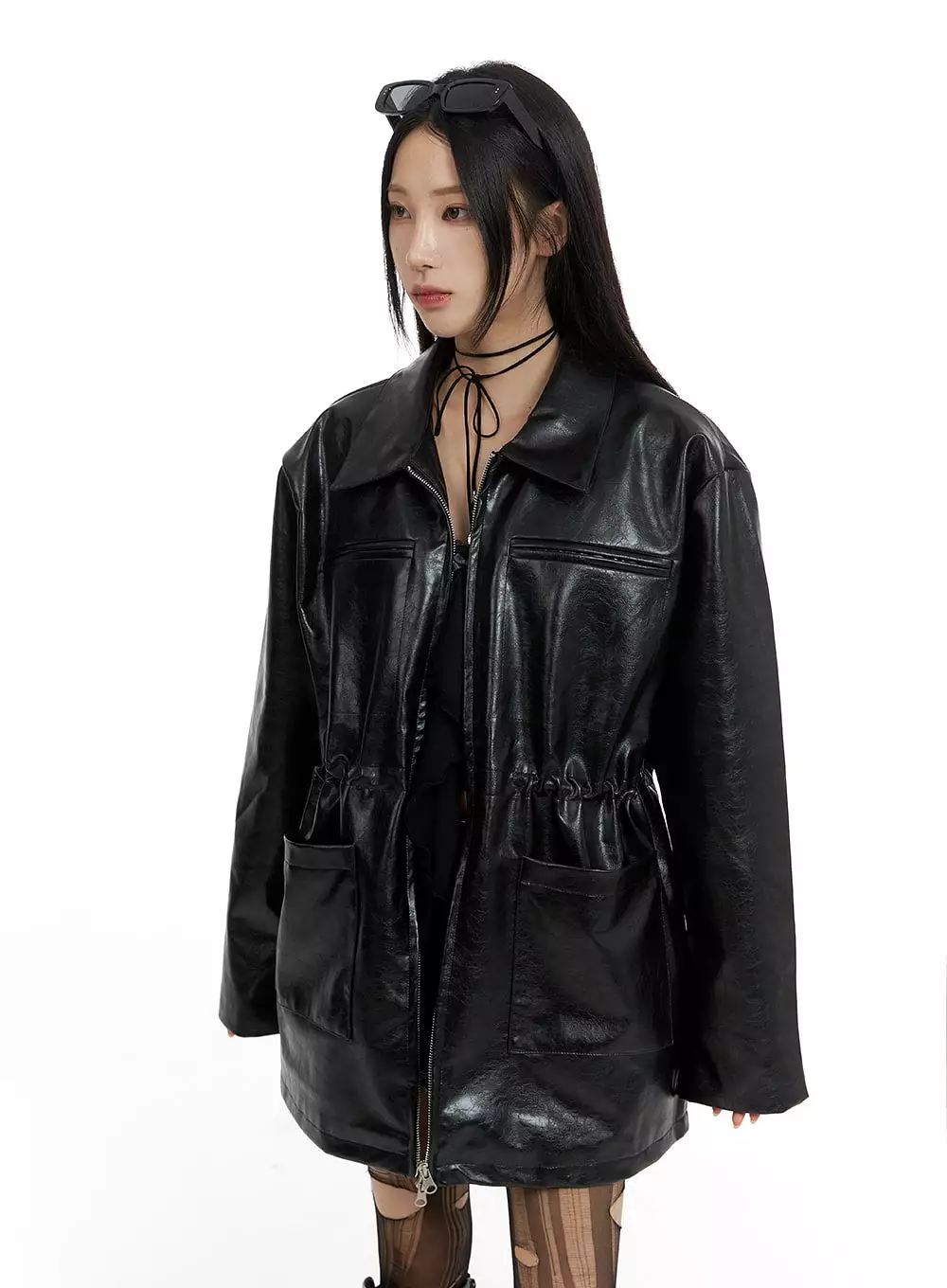 Zip-Up Faux Leather Midi Coat CF429